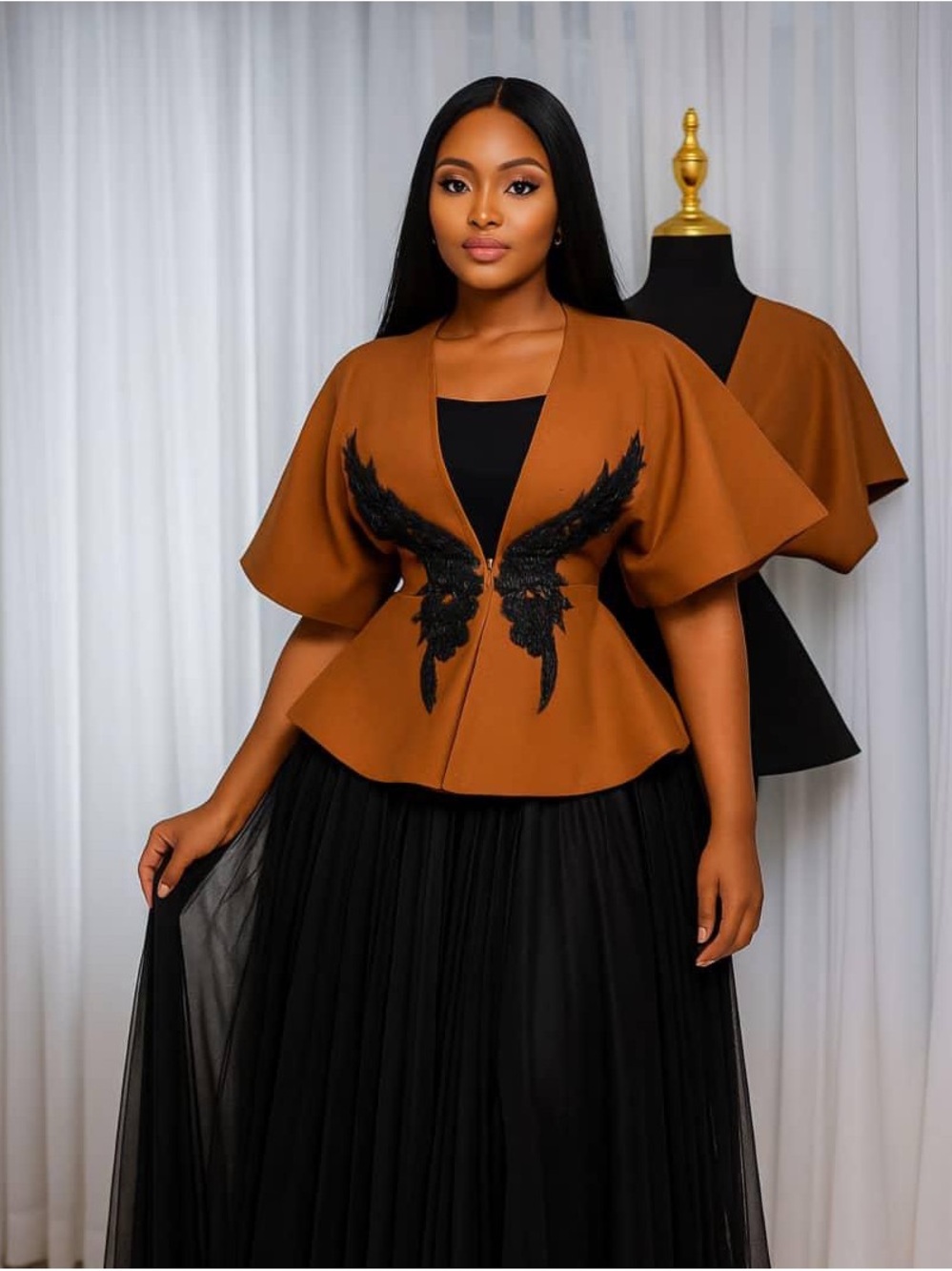 WOW couture Brown Peplum Top with Black Embroidered Wings and Black Skirt